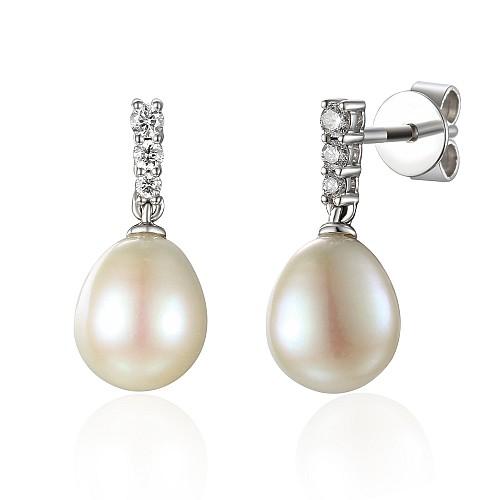 Pearl Drop With Round Brilliant Cut Claw Set Diamond Earrings